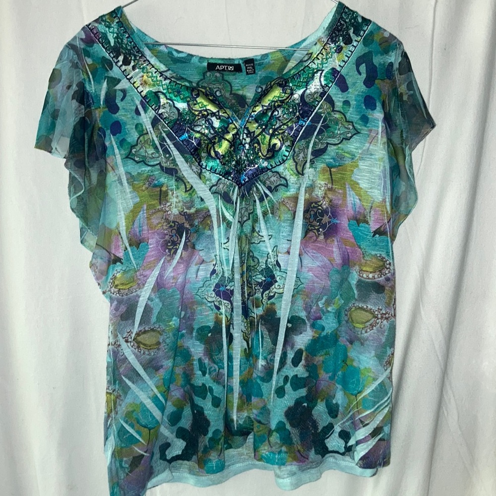 Apt 9 beaded chest blouse with sheer sleeves